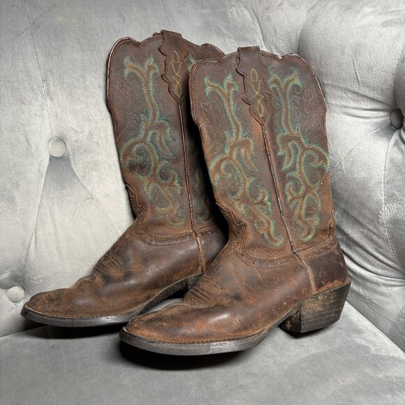 Justin Brown Leather Western Cowboy Boots Embroidered – Size 7B - Picture 2 of 11